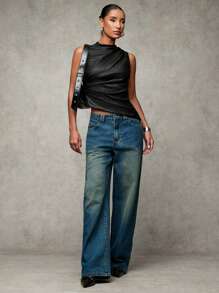 SHEIN BAE 女士黑色纯色无袖褶皱优雅仿 PU 皮革短款上衣，适合圣诞节、音乐节、夜店、复古风格、怀旧、外出、派对装、夜间外出、节日服装、紧身胸衣上衣、音乐会服装 - 咖啡棕 - 查看 1