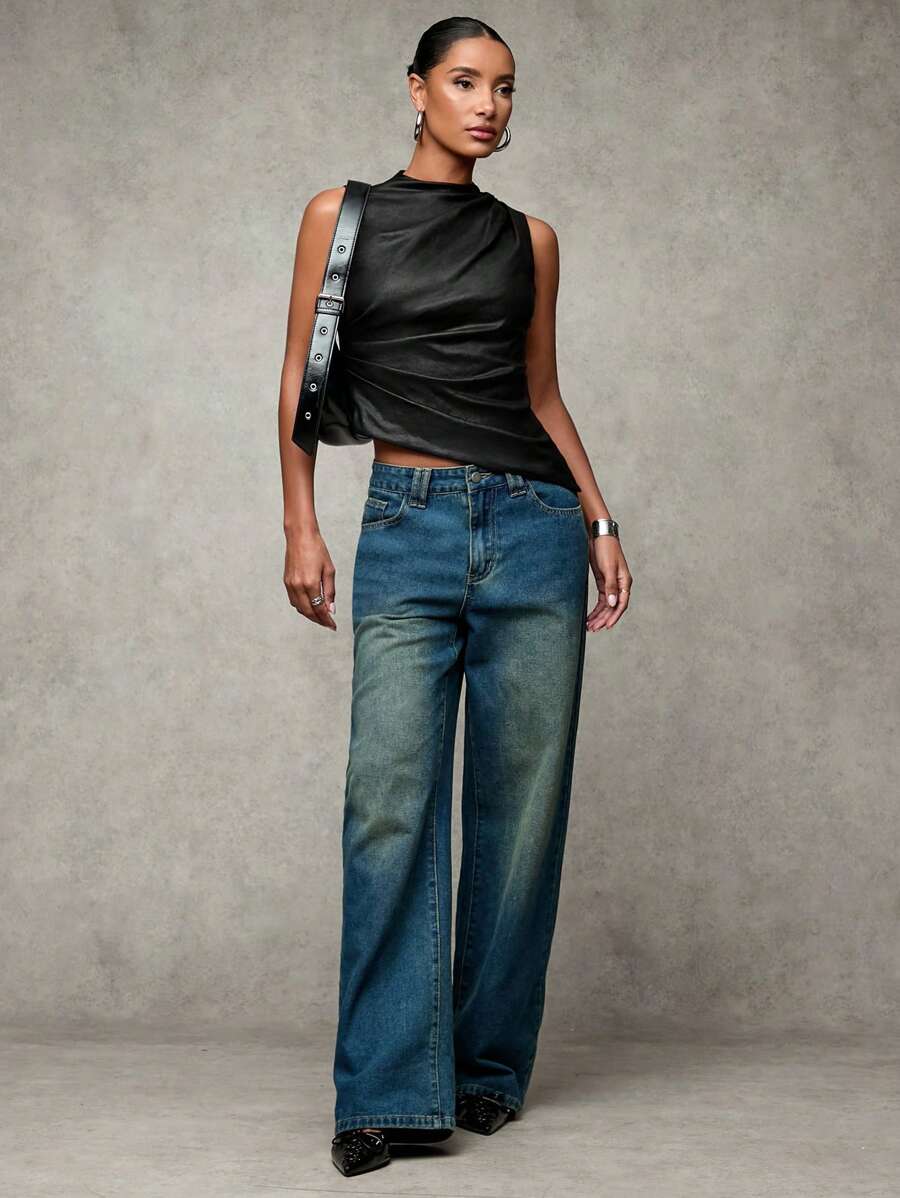 SHEIN BAE 女士黑色纯色无袖褶皱优雅仿 PU 皮革短款上衣，适合圣诞节、音乐节、夜店、复古风格、怀旧、外出、派对装、夜间外出、节日服装、紧身胸衣上衣、音乐会服装 - 咖啡棕 - 查看 1