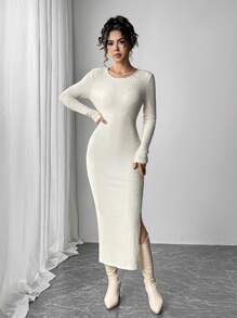 SHEIN Essnce 秋季休闲纯色侧开衩紧身连衣裙 - 灰色 - 查看 7
