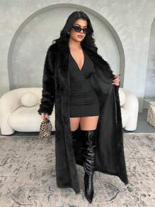 SHEIN SXY Black Fluffy Coat, Thick & Long, Autumn/Winter