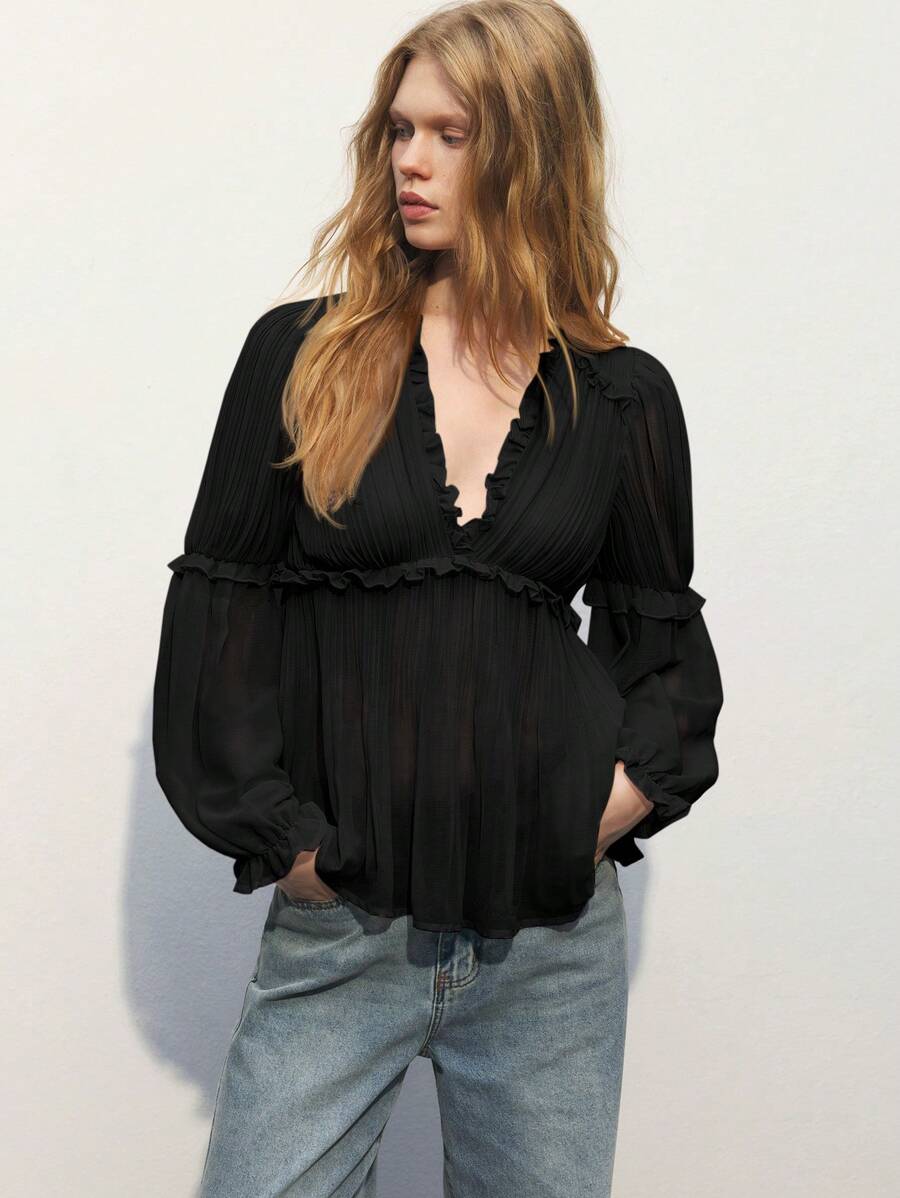 Maija Elegant Flowy Ruffled V-Neck Black Blouse, Suitable For Spring/Summer, Holiday & Beach,Going Out Tops Women,Autumn Outfits For Women - Black - View 1