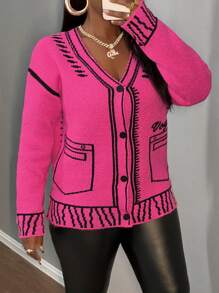 Slaydiva Áo len cardigan dệt kim dài tay cổ chữ V, màu đỏ tía thường ngày, thu/đông - Màu Hồng Tươi - Xem 5