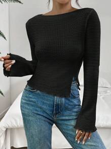 SHEIN Essnce Plus Size Women's Spring Valentine's Day Crop Tops Vacations Woman Summer Going Out Tops Cute Tops Y2k Tops Crop Tops Women Work Clothes Women Sexy Tops Hawaiian Clothes For Women College Students Women Business Casual Woman New Fashion Casual Commuting Elegant Black Slit Asymmetric Hem Long-Sleeved T-Shirt