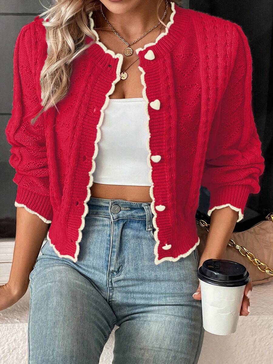 Pariaura Cardigan Longgar Kasual Lengan Panjang Motif Kancing Hati untuk Wanita, Cocok untuk Musim Gugur/Musim Dingin. - Red and White - View 1