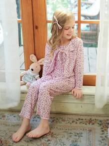 3pcs/Set Young Girl Cute Rabbit Allover Print Long Sleeve Top, Jumpsuit And Camisole Homewear Set - Pink - View 4