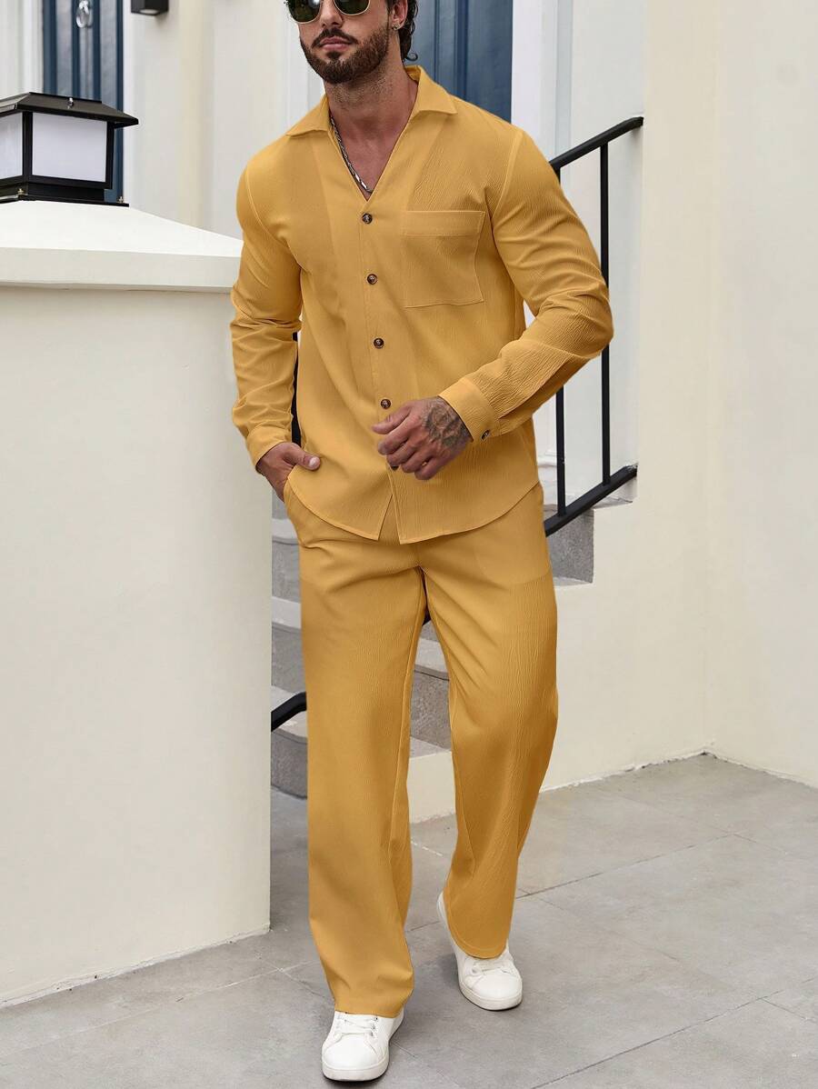 Manfinity RelaxMax Men's Casual Woven Fabric Co-Ord Set: Long Sleeve Collared Shirt And Matching Pants In Yellow - Yellow - View 1