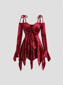 Sweetra 1pc Women Solid Color Twist Asymmetric Hem Spaghetti Strap Long Sleeve Dress Burgundy Color Women Outfit Fall Cloth For Women - Burgundy - View 1