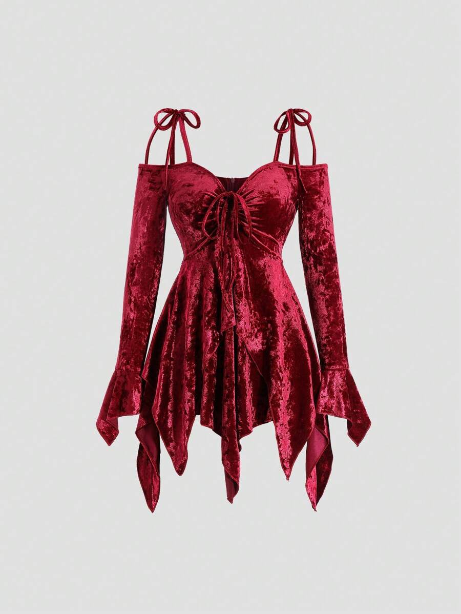 Sweetra 1pc Women Solid Color Twist Asymmetric Hem Spaghetti Strap Long Sleeve Dress Burgundy Color Women Outfit Fall Cloth For Women - Burgundy - View 1