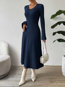 SHEIN Clasi 1 件女士优雅系腰喇叭袖针织长袖连衣裙 - 藏蓝色 - 查看 4