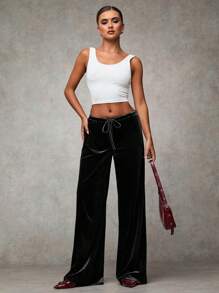 SHEIN BAE Women Minimalist Style Drawstring Waist Loose Wide Leg Long Pants - Black - View 5