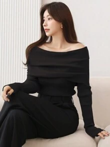 DAZY 女士纯色露肩长袖休闲毛衣，秋冬露肩毛衣，秋季女装 - 黑色 - 查看 4
