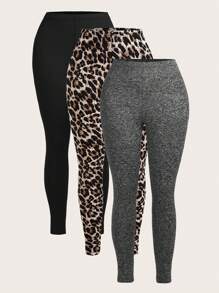 Slaydiva 3 件套休闲纯色豹纹打底裤，秋冬 - 彩色 - 查看 1