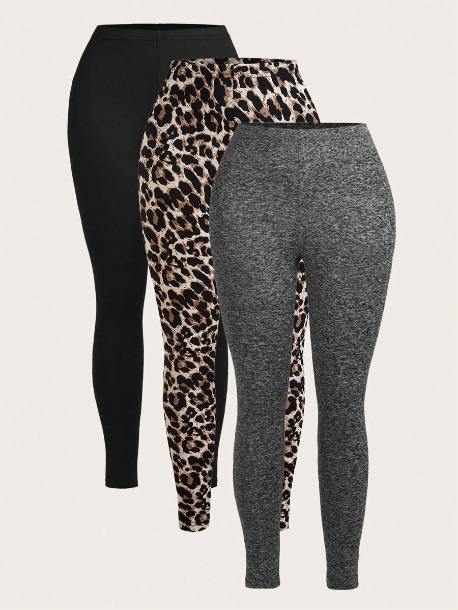 Slaydiva 3 件套休闲纯色豹纹打底裤，秋冬 - 彩色 - 查看 1