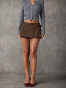 SHEIN BAE Women's Shades Of Brown Short Casual Skirt,Solid Color Dual-Tone Buckle Decoration Summer Date Outfits With Built-In Shorts,Business Fashion Style - Coffee Brown - View 3