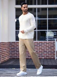 Manfinity RelaxMax Men's Plain Solid Color Plain Casual Crew Neck Casual Pullover Long Sleeve Sweater, Versatile For Autumn/Winter, For Going Out - White - View 3