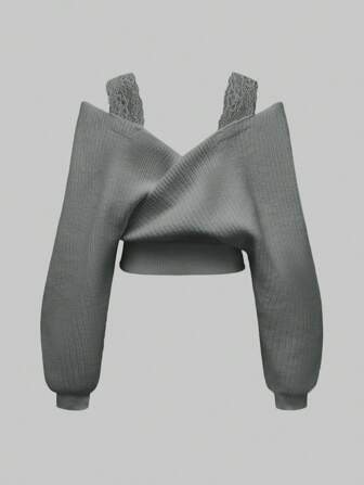 ROMWE Casual Sexy French Lace Strap Deep V Neckline Shoulder Strap Pullover Sweater