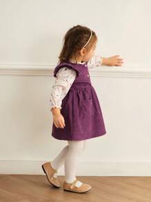 SHEIN 2pcs Baby Girl Autumn/Winter New Crinkle Print Floral Ruffled Collar Long Sleeve Corduroy Tie-Front Button Shirt And Pockets Blouse Set, Purple Corduroy Fabric, Vintage Cute Style - Multicolor - View 6