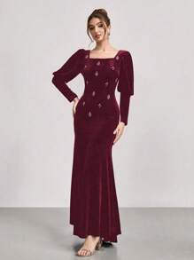 SHEIN Belle Vestido de sirena de manga larga con brillos de terciopelo y cristales, nuevo atuendo brillante para el escenario/fiesta/etiqueta, ajuste slim, vestido para invitada de boda - Burdeos - Ver 1