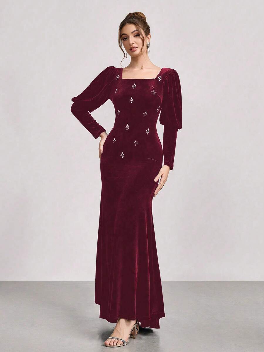 SHEIN Belle Vestido de sirena de manga larga con brillos de terciopelo y cristales, nuevo atuendo brillante para el escenario/fiesta/etiqueta, ajuste slim, vestido para invitada de boda - Burdeos - Ver 1