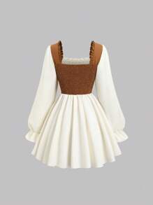 Sweetra Waist-Cinching Short Long Sleeve Retro Autumn/Winter Dress - Apricot - View 2
