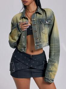 SHEIN ICON Áo khoác denim ngắn cổ điển cho nữ dây rộng - Rửa trung bình - Xem 5