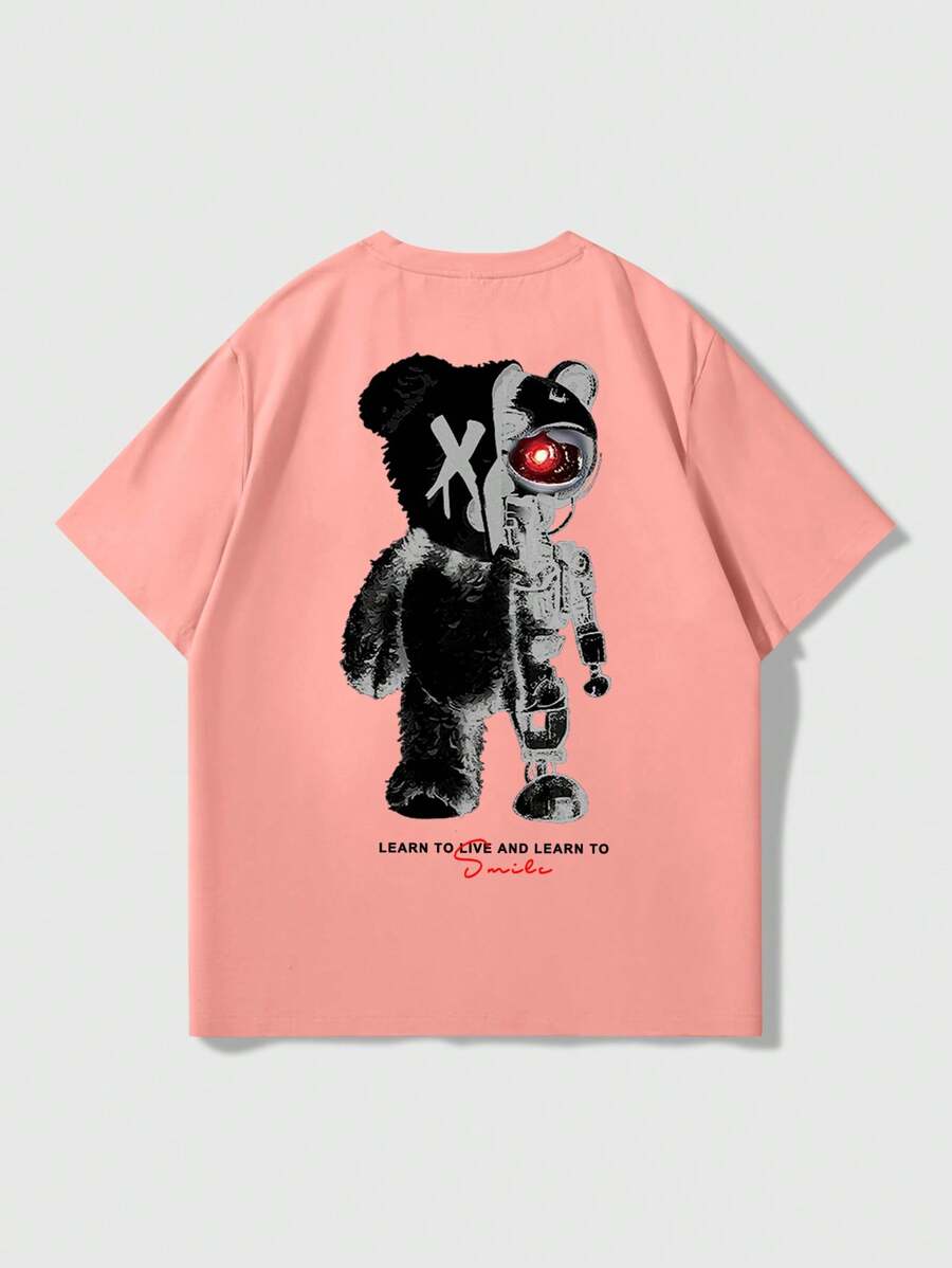 Manfinity EMRG Men's Slogan & Bear Graphic Print Round Neck Short Sleeve Casual T-Shirt - Pink - View 1