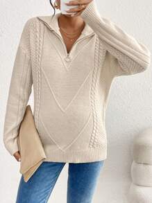 SHEIN Casual Loose-Shoulder Zip-Up Maternity Sweater, Simple Design For Autumn And Winter