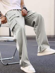 Manfinity Hypemode Men Solid Flap Pocket Drawstring Waist Cargo Pants - Light Grey - View 5