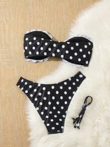 SHEIN Swim 女士夏季波尔卡圆点印花随机细肩带荷叶边性感比基尼套装 - 黑與白 - 查看 2