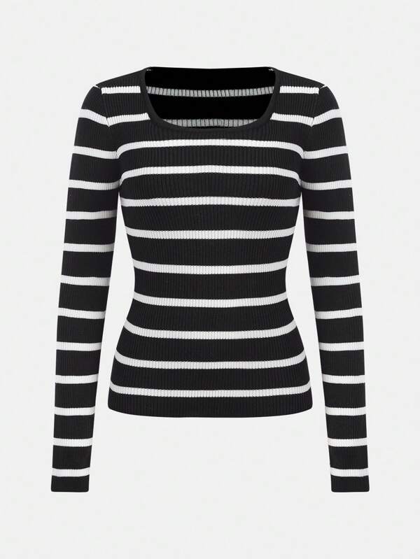 SHEIN Schwarz-Weißer Pullover für Teenager-Mädchen mit U-förmigem Kragen, gestreiftem Muster und Rundhalsausschnitt - für Herbst und Winter, lässig und vielseitig