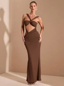 SHEIN BAE rotes gestricktes sexy elegantes minimalistisches Kleid mit Krawattenaufbau und rückenfrei für Frauen, geeignet für Abschlussfeiern, formelle Anlässe, Cocktailpartys, romantische Dates, Herbst-/Winterunterwäsche, Partys, Nachtclubs, Hochzeitsjungfernkleider, Nachtausgehen, Halloween, Weihnachten - Kaffeebraun - Übersicht 4