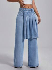 SHEIN ICON 女式二合一低腰阔腿牛仔裤低腰直筒牛仔裤 - 中等水洗藍 - 查看 3