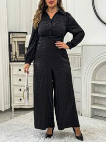 Flirla Plus Size Women's Leopard Pattern Jacquard Lantern Sleeve Wide Leg Elegant Jumpsuit, Suitable For Commuting In Autumn Fall Cloth For Women - Black - View 4