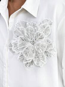 SHEIN Frenchy Elegant Simple Solid Color 3D Pearl Floral Decor Plus Size Shirt, Suitable For Office & Commute