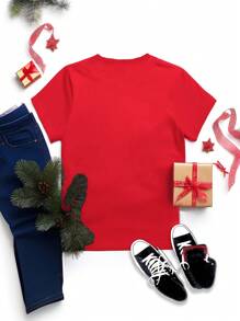 SHEIN LUNE MAMA 圣诞节，家庭装休闲宽松圆领短袖女式圣诞图案 T 恤，家庭圣诞服装 - 紅色 - 查看 2