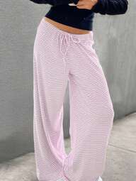 SHEIN BASICS Kadınlar İçin Rahat Örme Çizgili Düşük Bel Bol Paça Uzun Pantolon