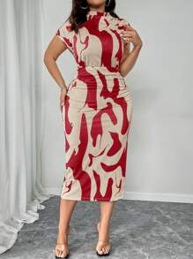 Elenzga Plus Size Women's Knitted Stretch Dress For Spring & Summer - Sexy Slim-Fitting, Waist-Cinching, Bodycon, Irregular Striped Print, Short-Sleeve, Small Stand Collar, Multi-Color, Simple Style For Office Commute And Daily Wear - Multicolor - View 5