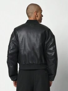 SUMWON Premium Faux Leather Bomber Jacket Cropped Fit High End Design Urban Streetwear Outerwear Fall Winter Zip Up Classic Modern Fashion Essential