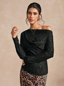 Chiquease 女士纯色纹理针织不对称领优雅长袖 T 恤 - 黑色 - 查看 3