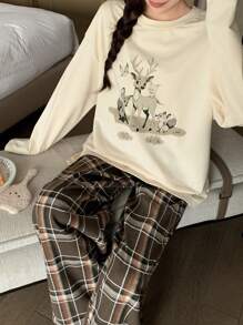 DAZY Cute Deer Graphic Loose Top & Plaid Pajama Pants Two-Piece Loungewear Set