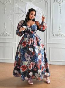 Flirla Plus Size Palace Style Square Neck Romantic Retro Floral Print Lantern Sleeve Fall Dress Clothes - Multicolor - View 7