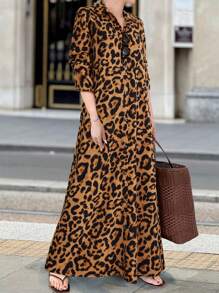 SHEIN LUNE Random Leopard Print Women Long Sleeve Single Button Down Long Shirt Dress, Autumn