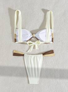 SHEIN Swim Women's Summer Beach Knotted Strap Colorblock Bikini Set - Multicolor - View 2