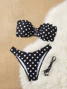 SHEIN Swim 女士夏季波尔卡圆点印花随机细肩带荷叶边性感比基尼套装 - 黑與白 - 查看 3