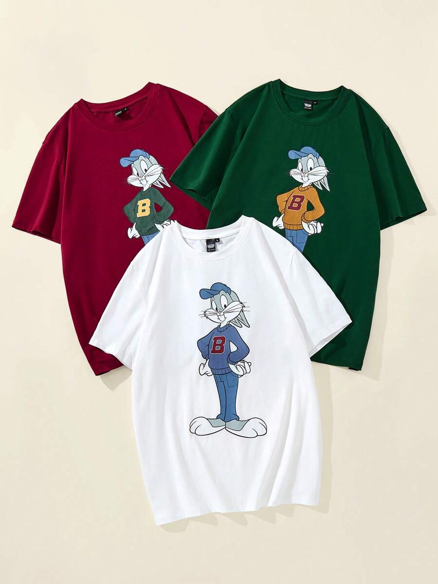 LOONEY TUNES X SHEIN 男士休闲卡通兔子图案短袖白色T恤，夏季 - 彩色 - 查看 1