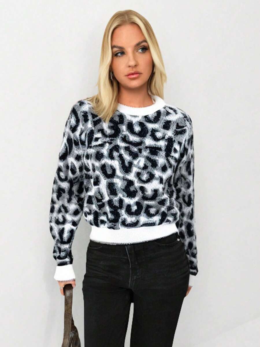 SHEIN Unity Women Leopard Print Crew Neck Long Sleeve Casual Sweater Knit Pullover Fall Winter - Multicolor - View 1