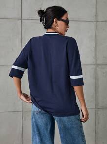 Cottnline Short Sleeve T-Shirt Simple And Stylish - Navy Blue - View 2