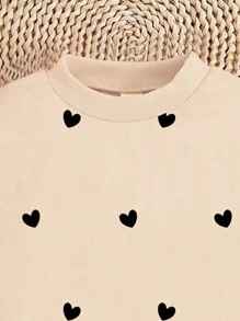 SHEIN 2pcs Young Girl Cute Minimalist Heart Pattern Beige Casual Crew Neck Long Sleeve Sweatshirt And Leggings Set, Suitable For Autumn/Winter