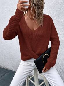 SHEIN LUNE Casual Solid Color Twist Open Back Sweater, Autumn/Winter