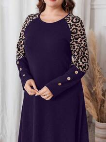 Al Najma 大码宽松休闲豹纹拼布穆斯林长裙，休闲 T 恤长款连衣裙，适合日常休闲/旅游/居家 - 紫色 - 查看 5